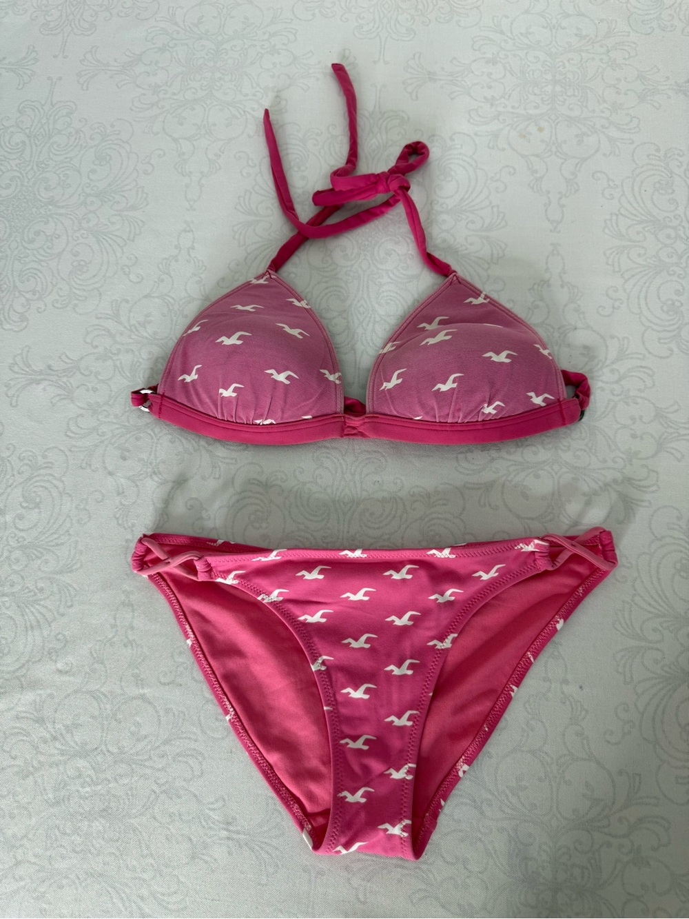 Hollister 90s Y2K Pink All Over White Seagull Print Swimsuit Set Size Medium
